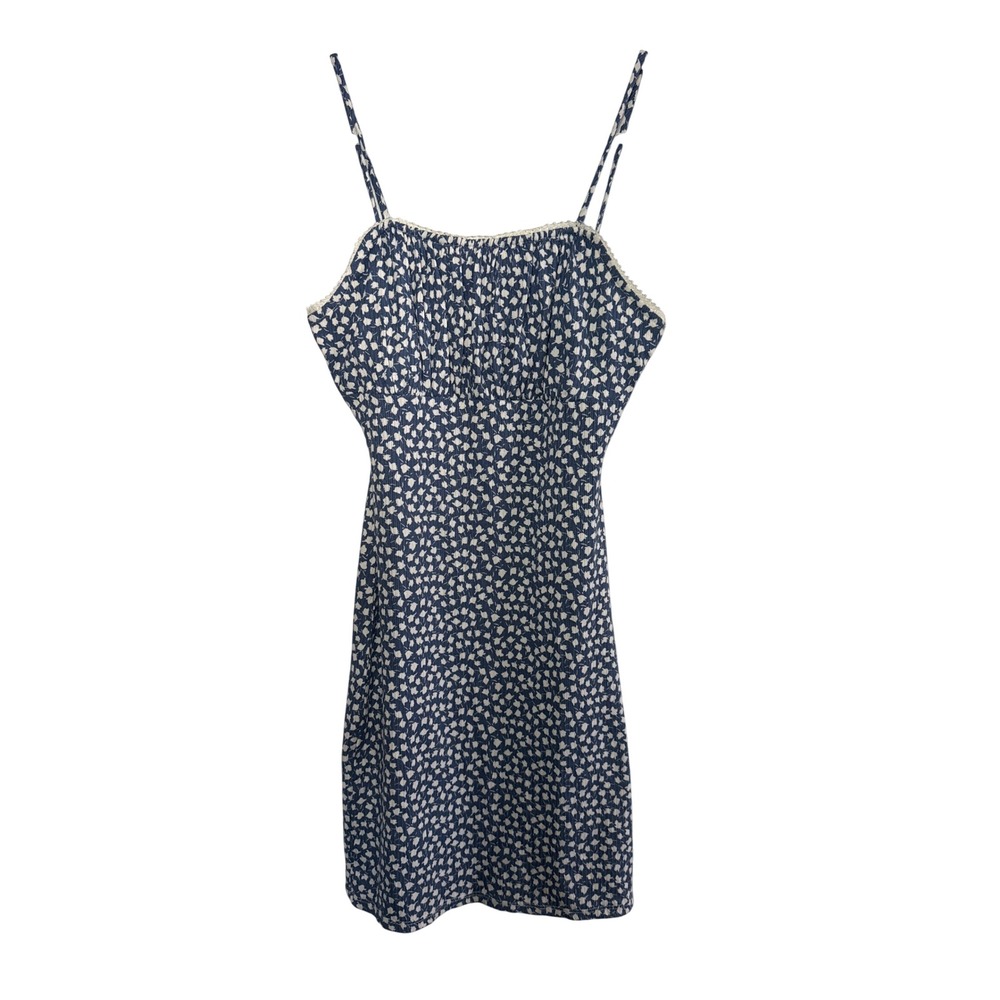 Timing Blue White Floral Lace Trim Smocked Mini Dress Small Coquette‎ Milkmaid